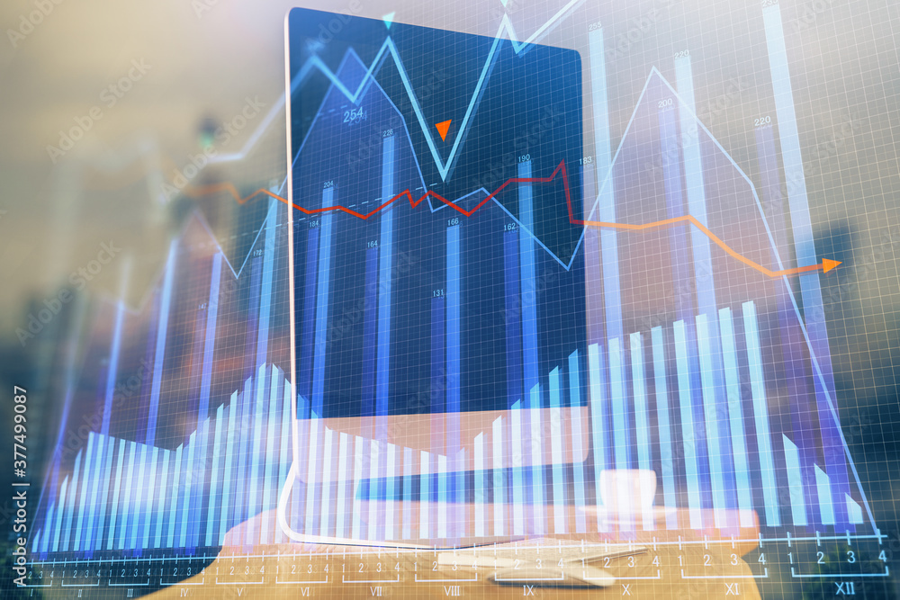 Multi exposure of forex chart and work space with computer. Concept of international online trading. Multi exposure of forex chart and work space with computer. Concept of international online trading.