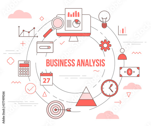 business analysis concept with icon set template banner with modern orange color style