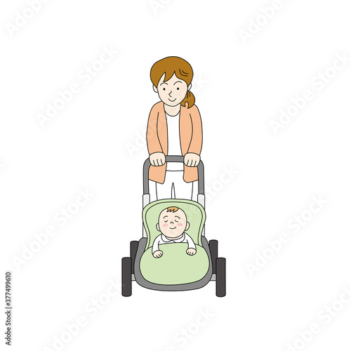 ペビーカーで赤ちゃんと散歩するママ