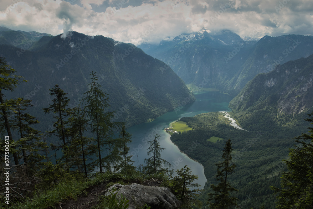Afternoon view to the Koenigssee, dark scenery, overcast