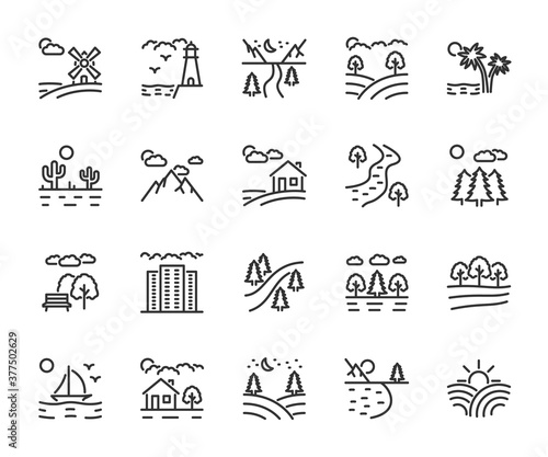 Vector set of landscape line icons. Contains icons park, mountains, farm, river, desert, forest, lake, megalopolis, field and more. Pixel perfect.