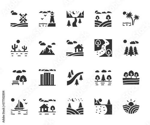 Vector set of landscape flat icons. Contains icons park, mountains, farm, river, desert, forest, lake, megalopolis, field and more. Pixel perfect.