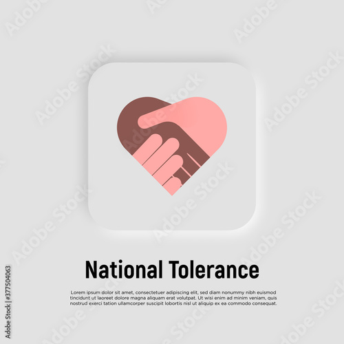 National tolerance flat icon. Handshake in heart shape. Multicultural cooperation, antiracism, integration in society. Vector illustration.
