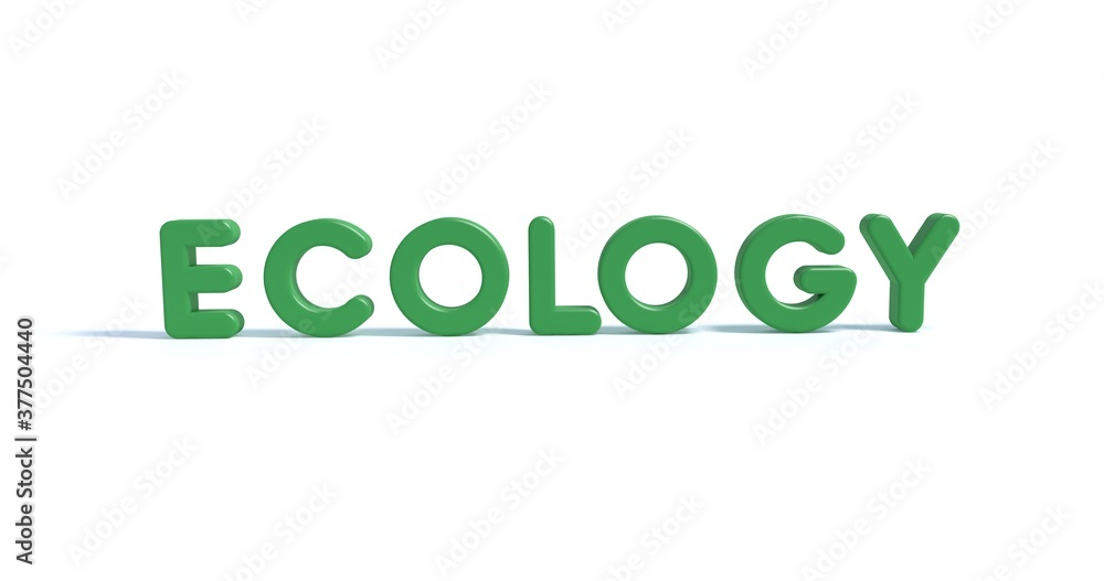 3d render, 'Ecology' written by plastic font. Candy typography font, phrase isolated on white background. Element for social media, print, sticker, poster. t-shirt, textile.
