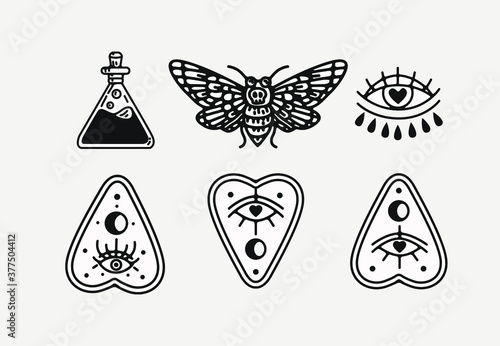 halloween scary occult witchcraft vector illustrations, elements for graphic design projects, clip art flashsheet. isolated graphics for logos invitations, icons , tattoos and creative projects. 