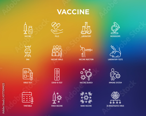 Vaccine thin line icons set: syringe and ampoule, laboratory test, immune system, injection in forearm, covid-19 test, vaccine trials, timetable, ai investigates virus. Vector illustration.