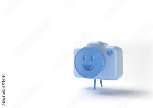 3d rendering, cartoon photo camera from plastic material. Cute smiling toy. Template with copy space.