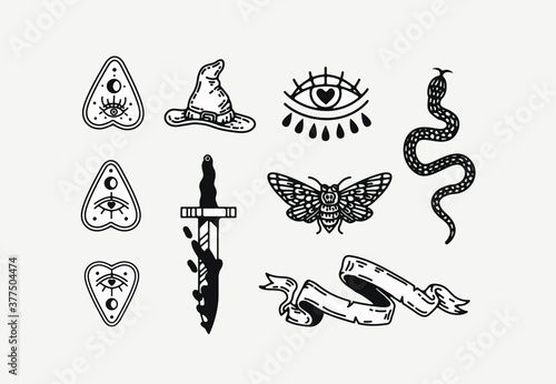 halloween scary occult witchcraft vector illustrations, elements for graphic design projects, clip art flashsheet. isolated graphics for logos invitations, icons , tattoos and creative projects. 