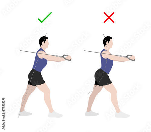 Isolated fitness man standing training chest with pulley. Right and wrong, do and don`t. Flat style color vector illustration. 