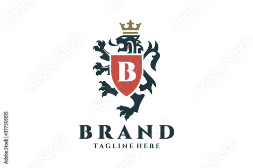 Coat of arms heraldic lion logo design.