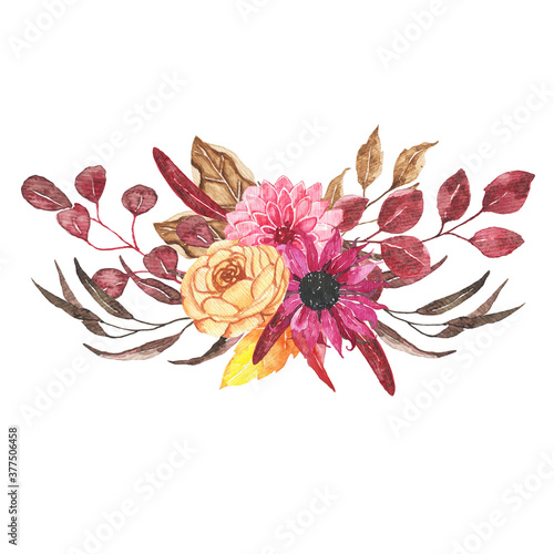 Watercolor autumn floral bouquet with flowers roses dahlia peony orange greenery leaves foliage isolated on white background. Floral frame bohemian boho arrangement for wedding invitation