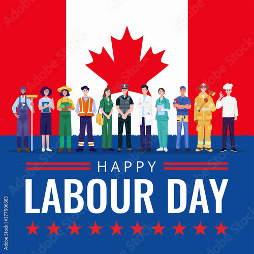 Happy Labor Day. Various occupations people standing with Canada flag. Vector