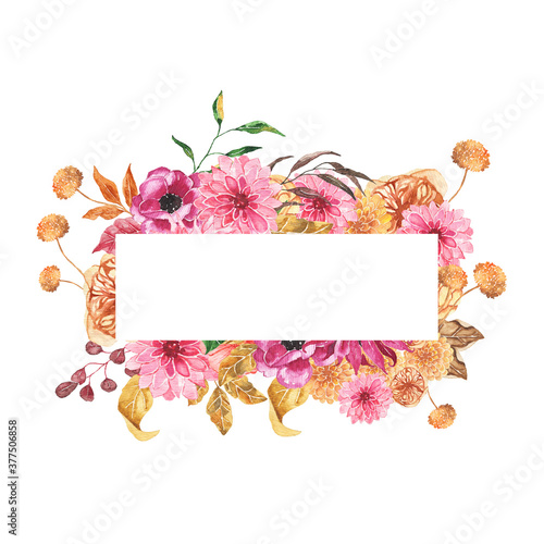 Watercolor autumn floral geometrical frame with roses dahlia peony orange greenery leaves isolated on white background. Fall floral frame bohemian boho wreath for wedding invitation card