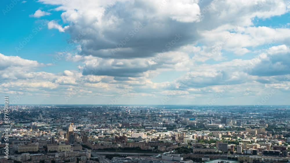Moscow, Russia. Aerial view of the city buildings under beautiful cloudy sky. Timelapse Moscow, Russia. Aerial view of the city buildings under beautiful cloudy sky. Timelapse