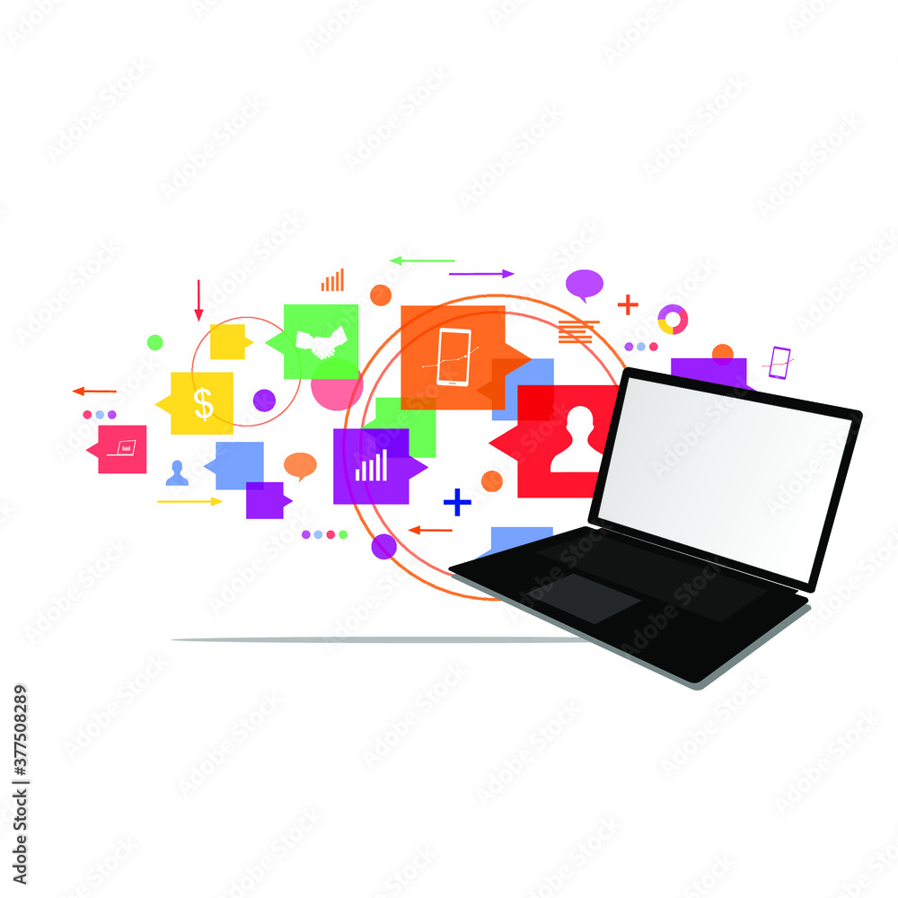 laptop and colorful various icons, bubble laptop and colorful various icons, bubble