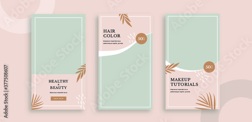 Set of editable templates for Instagram story, Facebook story, corporate, advertisement, and business, store, skincare, fresh design with simple soft pink and brown color. (1/3)