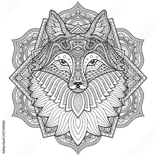 Fox head in detailed style. Zentangle fox. Vector pattern for tribal design. Geometric Ethnic motif with rhombus, triangles. Graphic style. Fox for print, web, textile, wrapping paper.