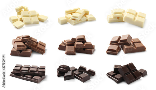 Set with different delicious chocolate pieces on white background