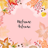 Autumn banner with  maple leaves and welcome autumn typography in pink floral background.