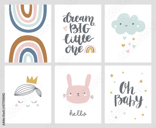 Nursery or kids posters in scandinavian style with hand drawn lettering. Cute hand drawn illustration for baby shower invitation, greeting card. Rainbow, cloud, bunny, prince, dream big little one.