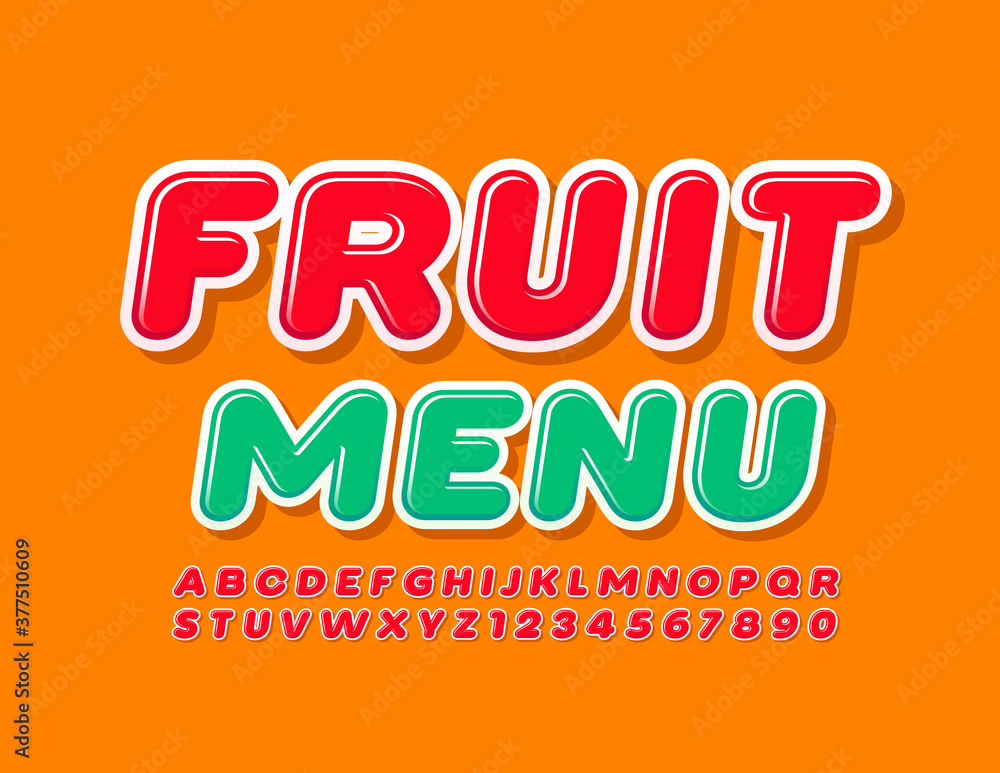 Vector fresh template Fruit Menu. Bright modern Font. Red Alphabet Letters and Numbers set