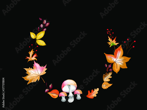 Hello autumn watercolour element in circular design illustration in black background.
