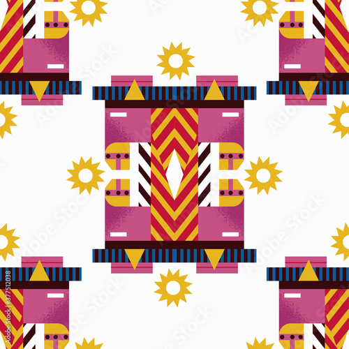 Seamless geometric ethnic graphic pattern with horses and spurs on white background