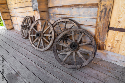 Wooden whells in old shed photo