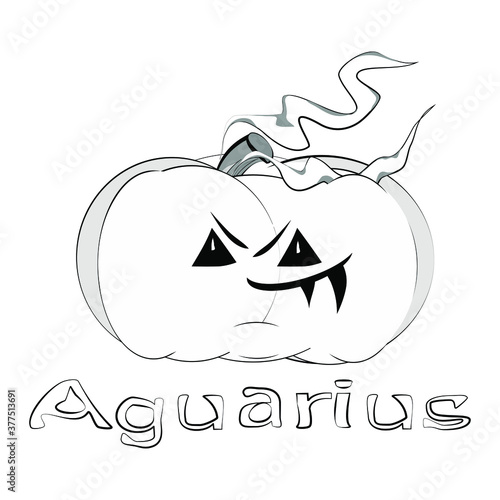 Aquarius. Coloring. Cartoon pumpkin in the form of a zodiac sign. Monochrome vector illustration. Isolated element on a white background. The inscription "Aquarius". Use for astrological forecasts.