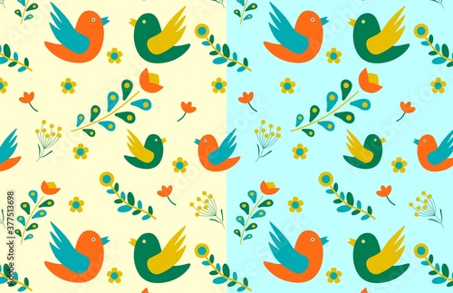 Abstract seamless pattern with birds, flowers and leaves. Stock vector illustration.