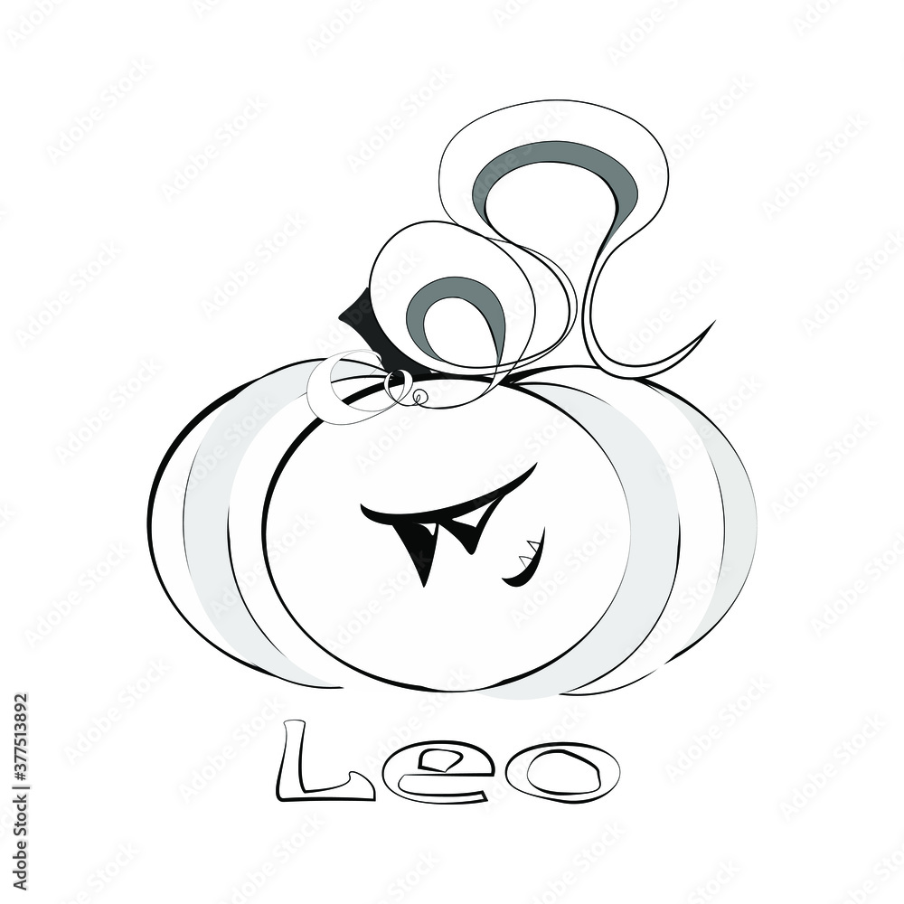 Coloring. Cartoon pumpkin in the form of the zodiac sign Leo. Monochrome vector illustration isolated on white background. Lettering of the word 