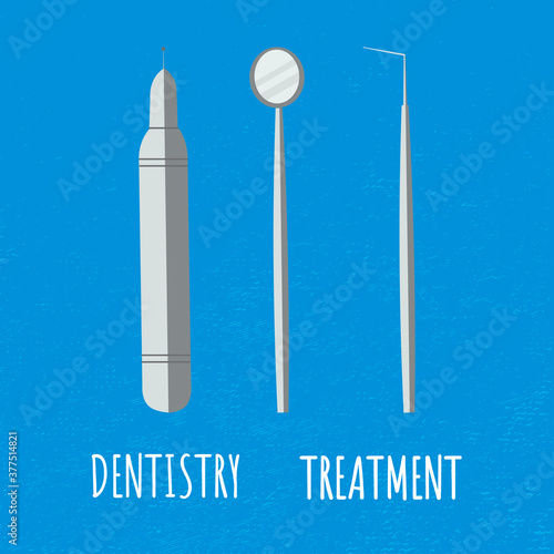 Dentistry. Tooth caries treatment. Dental instrument.Vector illustration on isolated blue background. Flat style for dental clinics, banner, network, logo