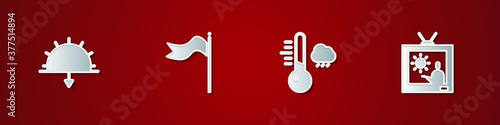 Set Sunset, Meteorology windsock wind vane, thermometer and Weather forecast icon. Vector.