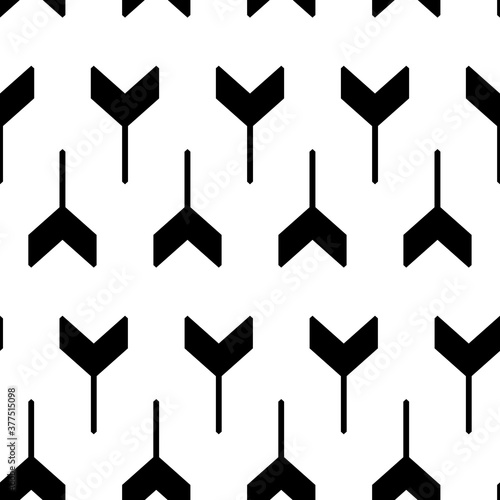 Interlocking three pronged blocks. Repeated black puzzles on white background.. Seamless surface pattern design with mosaic ornament. Winder keys motif. Tyre grip wallpaper. Digital paper. Vector art.