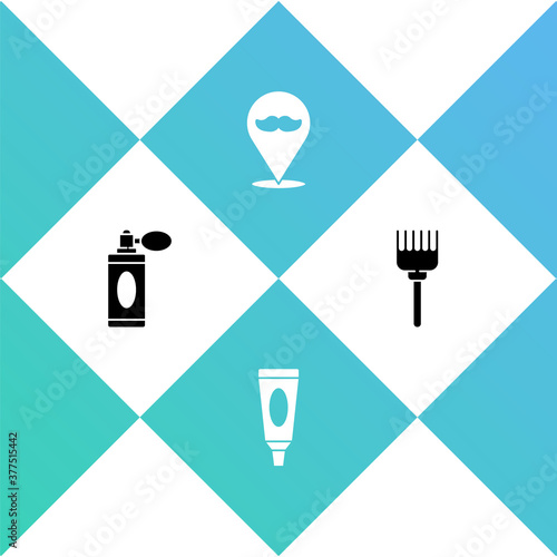Set Aftershave bottle with atomizer, Cream or lotion cosmetic tube, Barbershop and Hairbrush icon. Vector.