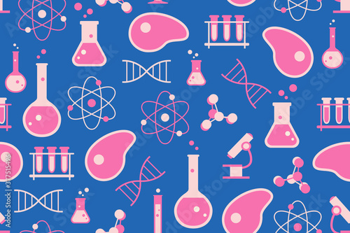 Cultured meat science seamless pattern. Repetitive vector illustration of lab grown meat science concept. Concept of cultured meal, lab grown meat, synthetic meat, science, laboratory.