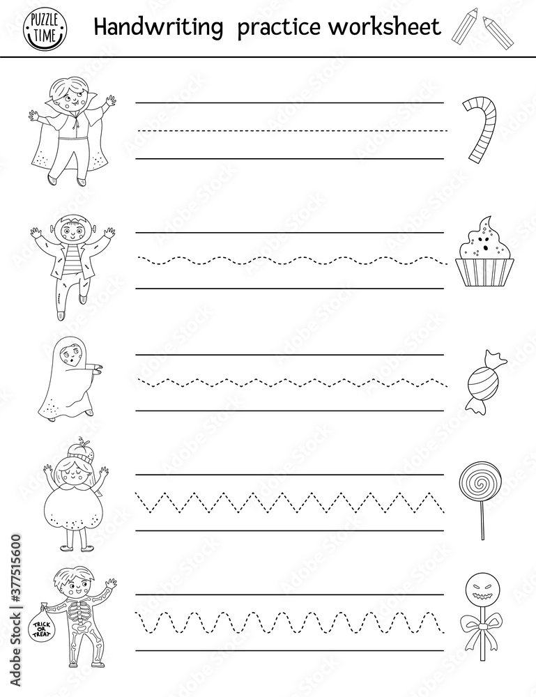 Vector Halloween handwriting practice worksheet. Printable black and white activity for pre-school children. Educational game for writing skills development with children and trick or treat sweets.