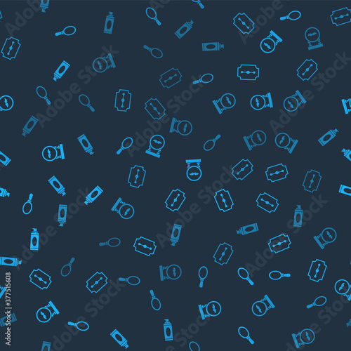 Set Hand mirror, Blade razor, Barbershop and Shaving gel foam on seamless pattern. Vector.