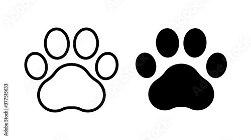 Footprint pet. Paw prints. Dog or cat vector, icon. Foot puppy isolated on white background. Black silhouette paw. Cute shape paw print. Walks for design. Animal track. Trace foot dog, cat. Vector