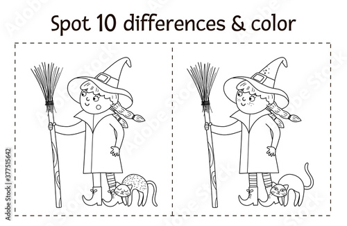Halloween black and white find differences game for children. Autumn educational activity with funny witch, broom, cat. Printable worksheet or coloring page with smiling character. .