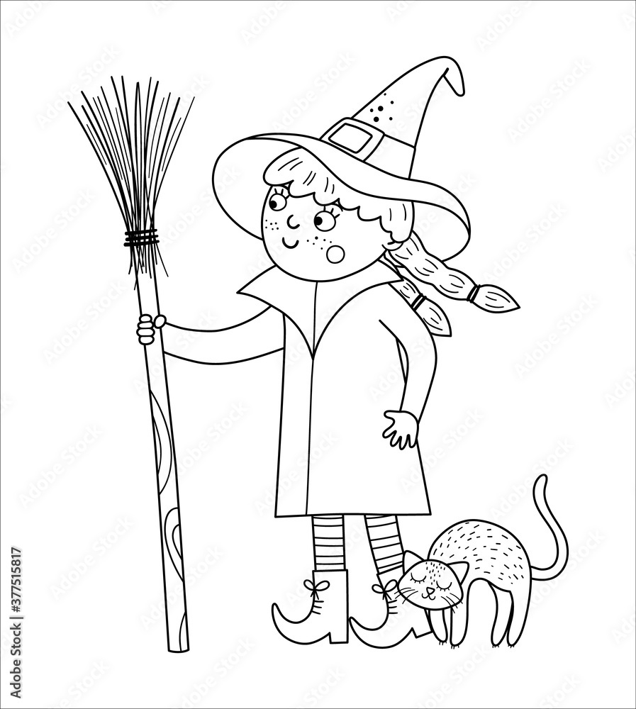 Cute vector witch. Halloween black and white character icon. Funny ...