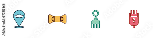 Set Barbershop, Bow tie, Hairbrush and Electrical hair clipper or shaver icon. Vector.