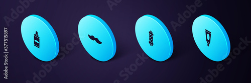 Set Isometric Cream or lotion cosmetic tube, Classic Barber shop pole, Mustache and Shaving gel foam icon. Vector.