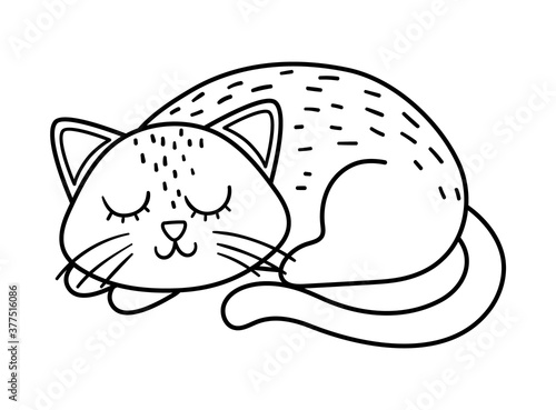 Cute vector black and white sleeping cat. Halloween character icon. Funny autumn all saints eve illustration with scary animal. Samhain party coloring page for kids. .