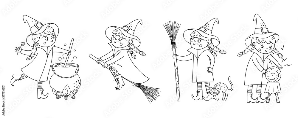 Set of cute black and white vector witches. Halloween characters icons collection. Funny autumn all saints eve coloring page with girl on a broom, with cauldron, cat, magic ball. .
