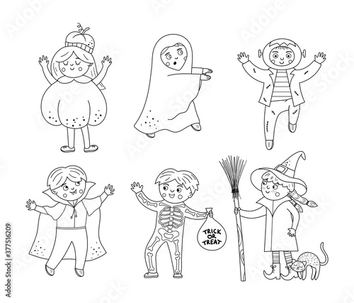 Set of cute vector black and white Halloween characters. Children in scary costumes collection. Funny autumn all saints eve illustration with vampire, ghost, pumpkin, witch. Samhain dress party design