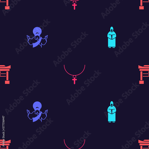 Set Monk, Jesus Christ, Christian cross chain and Japan Gate on seamless pattern. Vector.