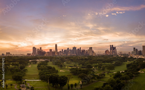Panorama Aerial Drone Picture of the Skyline of Makati in Metro Manila, Philippines during Sunset