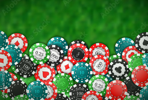 Poker casino chips border background formed for casino chips on a green felt. Vector illustration.
