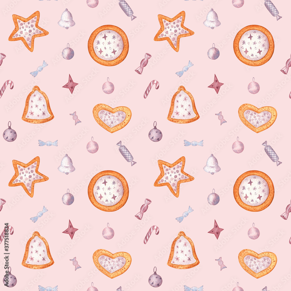 Pink and sweet Christmas seamless pattern with decorated cookies. Watercolor hand-drawn elements. Perfect for wrapping paper, fabric, scrapbooking, web design and giftware. Merry Christmas! Pink and sweet Christmas seamless pattern with decorated cookies. Watercolor hand-drawn elements. Perfect for wrapping paper, fabric, scrapbooking, web design and giftware. Merry Christmas!